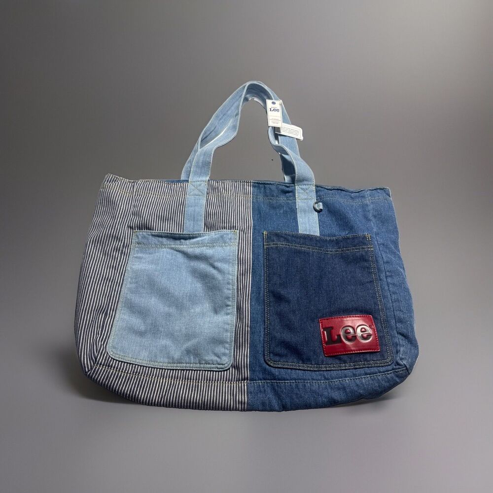 Lee Tote Bag Womens Large Blue Denim Stripe Patch Pockets Snap Kacey Lee